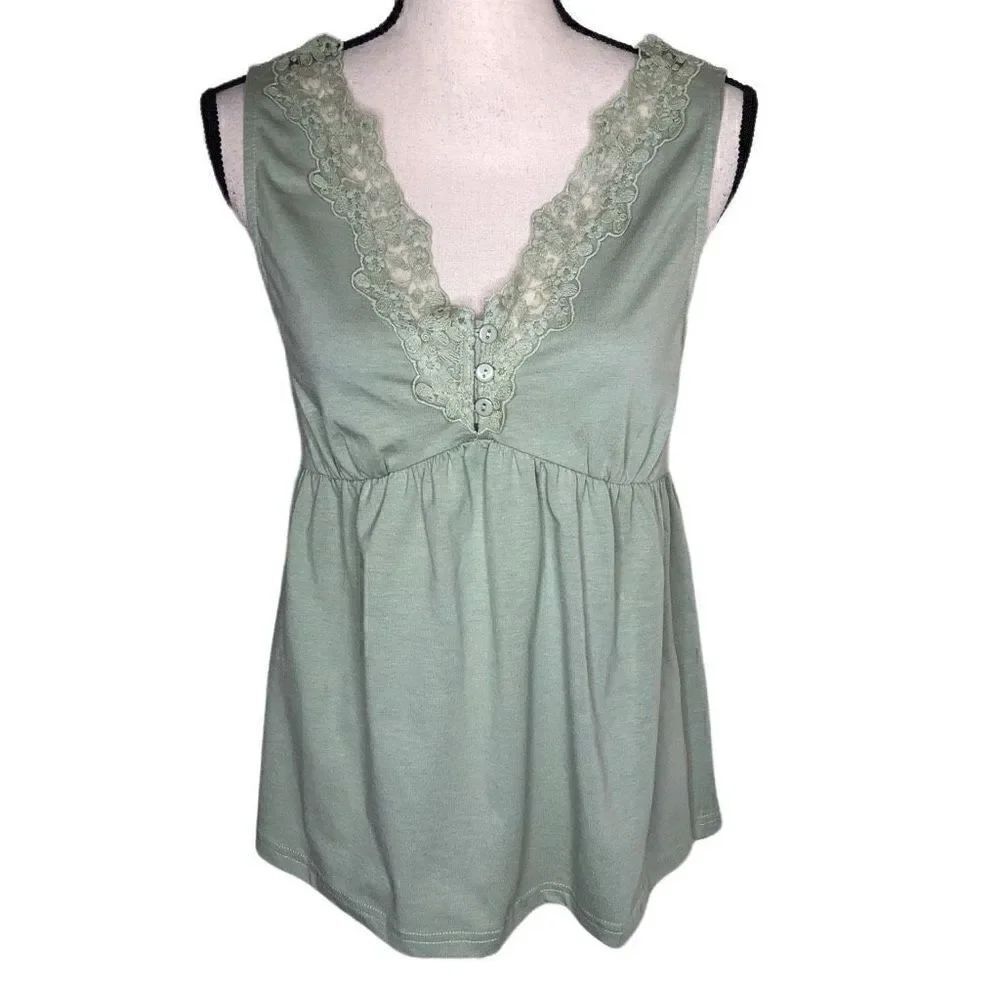 Heyson Celery Green Jersey Knit and Lace Y2K, Baby Doll Top Size S